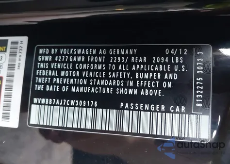 2012 Volkswagen Golf from USA, damaged, VIN WVWBB7AJ7CW309176